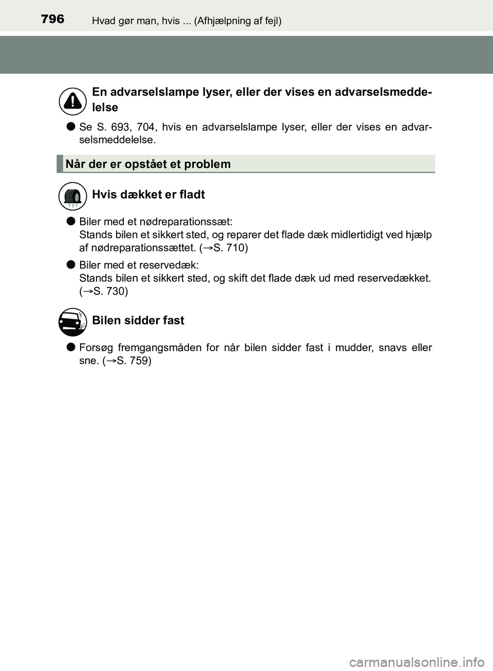 TOYOTA C-HR 2016  Brugsanvisning (in Danish) 796Hvad gør man, hvis ... (Afhjælpning af fejl)
OM10528DK_C-HR
lSe S. 693, 704, hvis en advarselslampe lyser, eller der vises en advar-
selsmeddelelse.
lBiler med et nødreparationssæt:
Stands bile