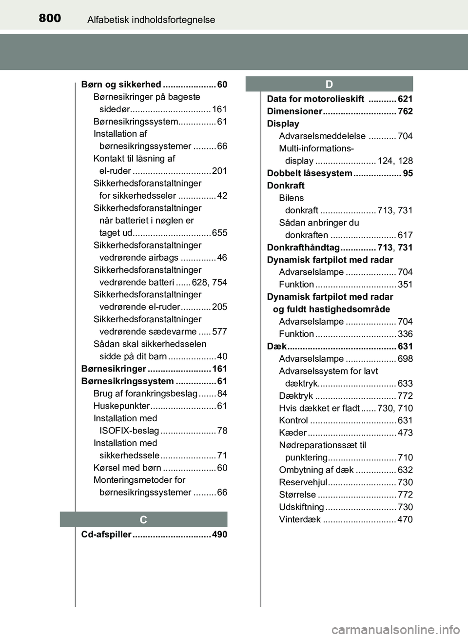 TOYOTA C-HR 2016  Brugsanvisning (in Danish) 800Alfabetisk indholdsfortegnelse
OM10528DK_C-HR
Børn og sikkerhed ..................... 60Børnesikringer på bageste 
sidedør................................ 161
Børnesikringssystem .............