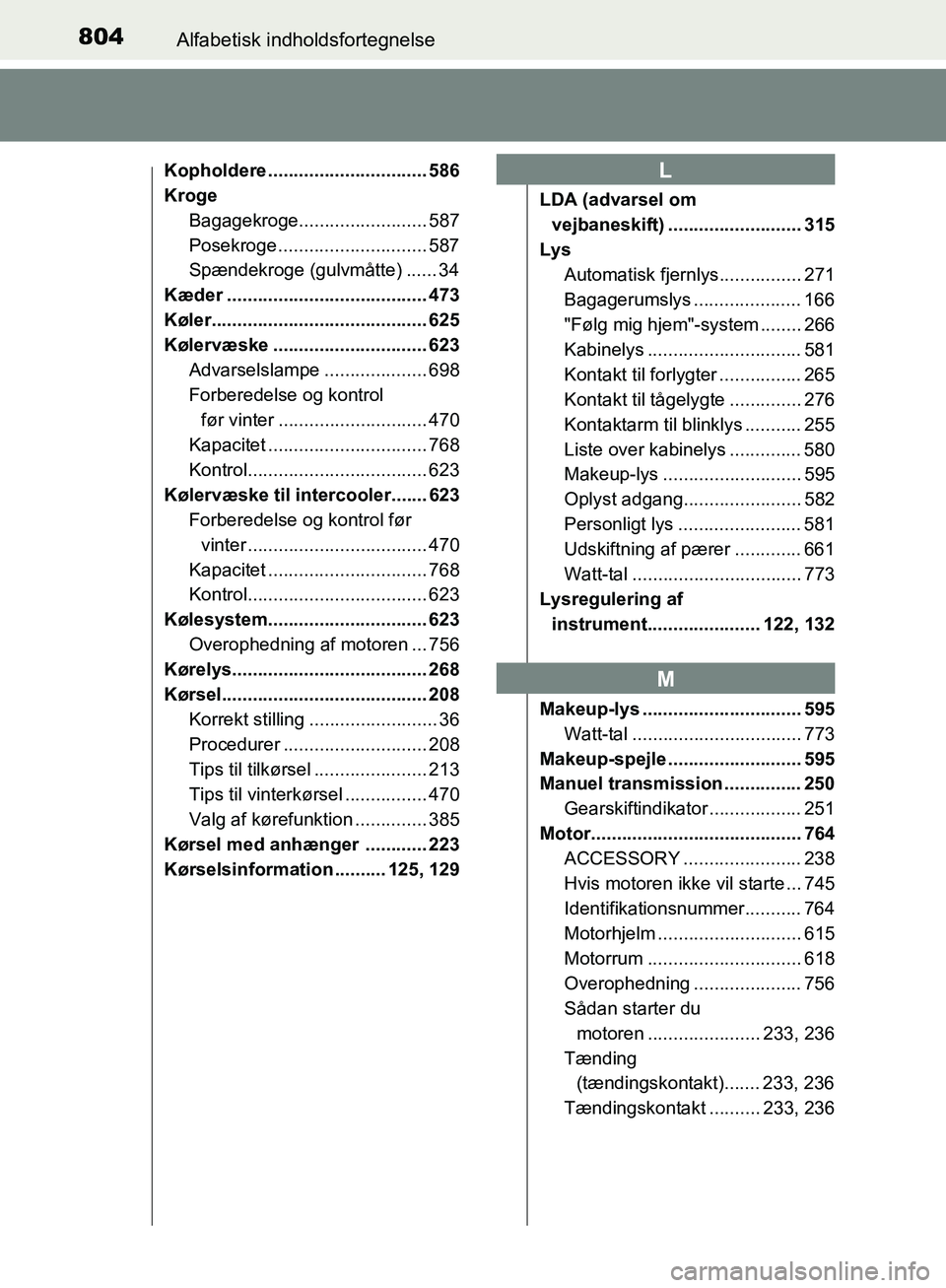 TOYOTA C-HR 2017  Brugsanvisning (in Danish) 804Alfabetisk indholdsfortegnelse
OM10528DK_C-HR
Kopholdere ............................... 586
KrogeBagagekroge......................... 587
Posekroge ............................. 587
Spændekroge (