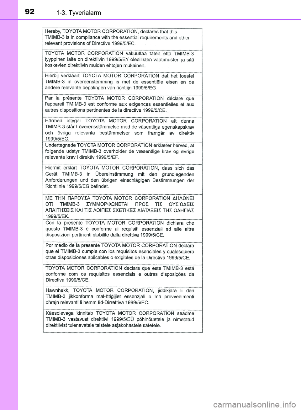 TOYOTA C-HR 2017  Brugsanvisning (in Danish) 921-3. Tyverialarm
OM10528DK_C-HR
OM10528DK.book  Page 92  Tuesday, December 6, 2016  12:29 PM 