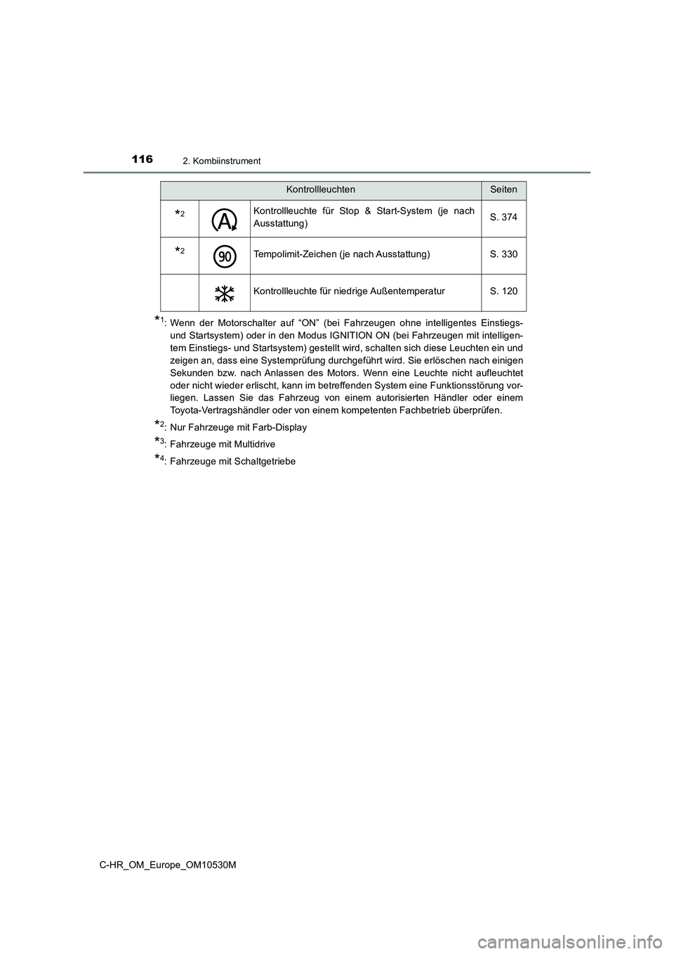 TOYOTA C-HR 2017  Betriebsanleitungen (in German) 1162. Kombiinstrument
C-HR_OM_Europe_OM10530M
*1: Wenn der Motorschalter auf “ON” (bei Fahrzeugen ohne intelligentes Einstiegs- 
und Startsystem) oder in den Modus IGNITION ON (bei Fahrzeugen mit 