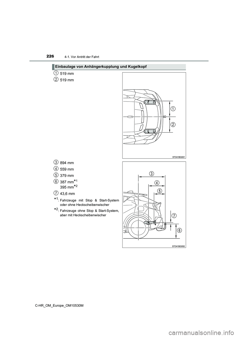TOYOTA C-HR 2016  Betriebsanleitungen (in German) 2264-1. Vor Antritt der Fahrt
C-HR_OM_Europe_OM10530M
519 mm 
519 mm 
894 mm 
559 mm
379 mm 
387 mm*1
395 mm*2
43,6 mm
*1 : Fahrzeuge mit Stop & Start-System 
oder ohne Heckscheibenwischer
*2 : Fahrze