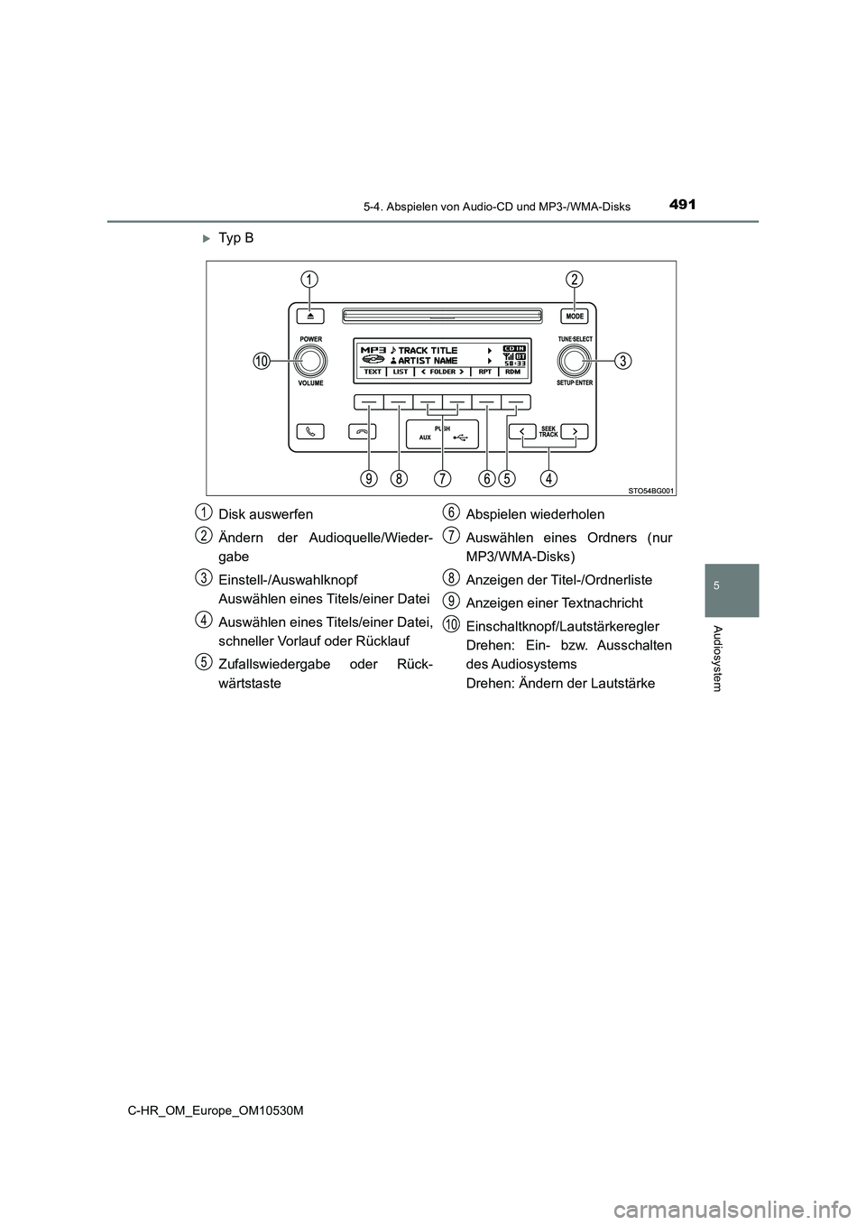 TOYOTA C-HR 2016  Betriebsanleitungen (in German) 4915-4. Abspielen von Audio-CD und MP3-/WMA-Disks
5
Audiosystem
C-HR_OM_Europe_OM10530M
Ty p  B
Disk auswerfen 
Ändern der Audioquelle/Wieder- 
gabe 
Einstell-/Auswahlknopf 
Auswählen eines Titel