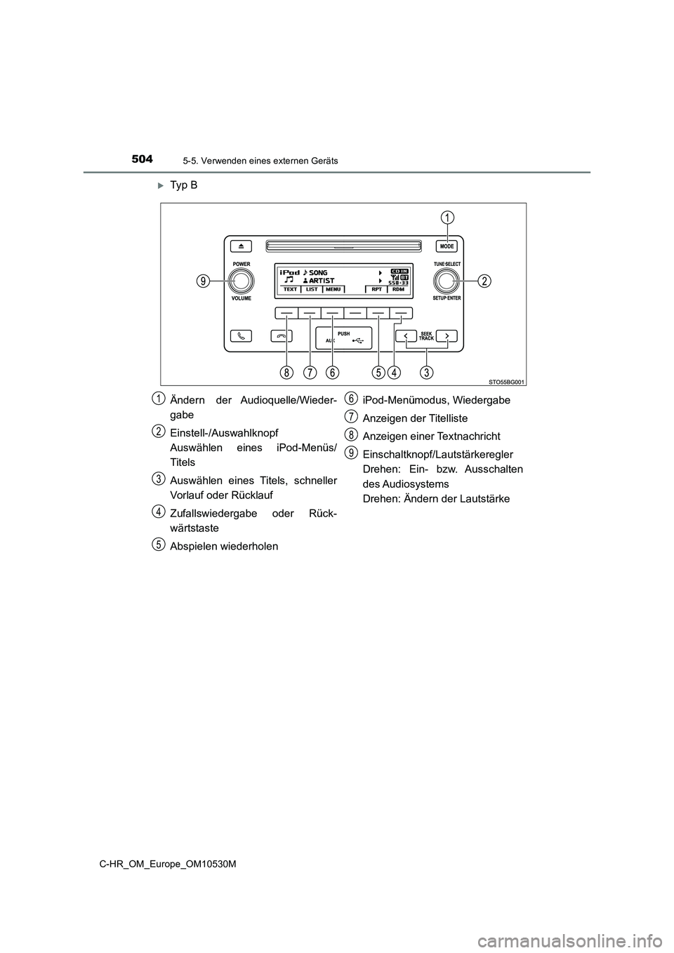 TOYOTA C-HR 2016  Betriebsanleitungen (in German) 5045-5. Verwenden eines externen Geräts
C-HR_OM_Europe_OM10530M
Ty p  B
Ändern der Audioquelle/Wieder- 
gabe 
Einstell-/Auswahlknopf 
Auswählen eines iPod-Menüs/ 
Titels 
Auswählen eines Titel