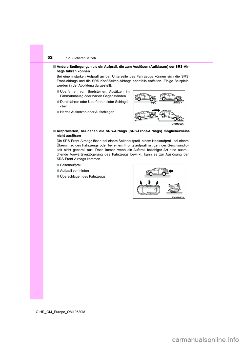 TOYOTA C-HR 2016 Betriebsanleitungen (in German) 521-1. Sicherer Betrieb
C-HR_OM_Europe_OM10530M
■ Andere Bedingungen als ein Aufprall, die zum Auslösen (Aufblasen) der SRS-Air-
bags führen können
Bei einem starken Aufprall an der Unterseit TOYOTA C-HR 2016 Betriebsanleitungen (in German) 521-1. Sicherer Betrieb
C-HR_OM_Europe_OM10530M
■ Andere Bedingungen als ein Aufprall, die zum Auslösen (Aufblasen) der SRS-Air-
bags führen können
Bei einem starken Aufprall an der Unterseit