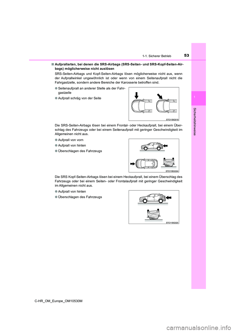 TOYOTA C-HR 2016 Betriebsanleitungen (in German) 531-1. Sicherer Betrieb
1
Sicherheitshinweise
C-HR_OM_Europe_OM10530M
■ Aufprallarten, bei denen die SRS-Airbags (SRS-Seiten- und SRS-Kopf-Seiten-Air-
bags) möglicherweise nicht auslösen
SRS-Se TOYOTA C-HR 2016 Betriebsanleitungen (in German) 531-1. Sicherer Betrieb
1
Sicherheitshinweise
C-HR_OM_Europe_OM10530M
■ Aufprallarten, bei denen die SRS-Airbags (SRS-Seiten- und SRS-Kopf-Seiten-Air-
bags) möglicherweise nicht auslösen
SRS-Se