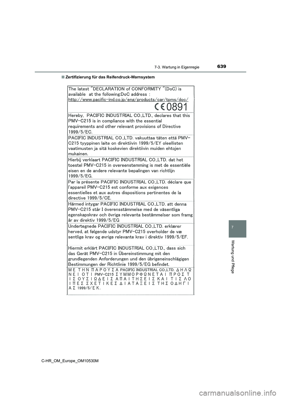 TOYOTA C-HR 2016  Betriebsanleitungen (in German) 6397-3. Wartung in Eigenregie
7
Wartung und Pflege
C-HR_OM_Europe_OM10530M 
■ Zertifizierung für das Reifendruck-Warnsystem 