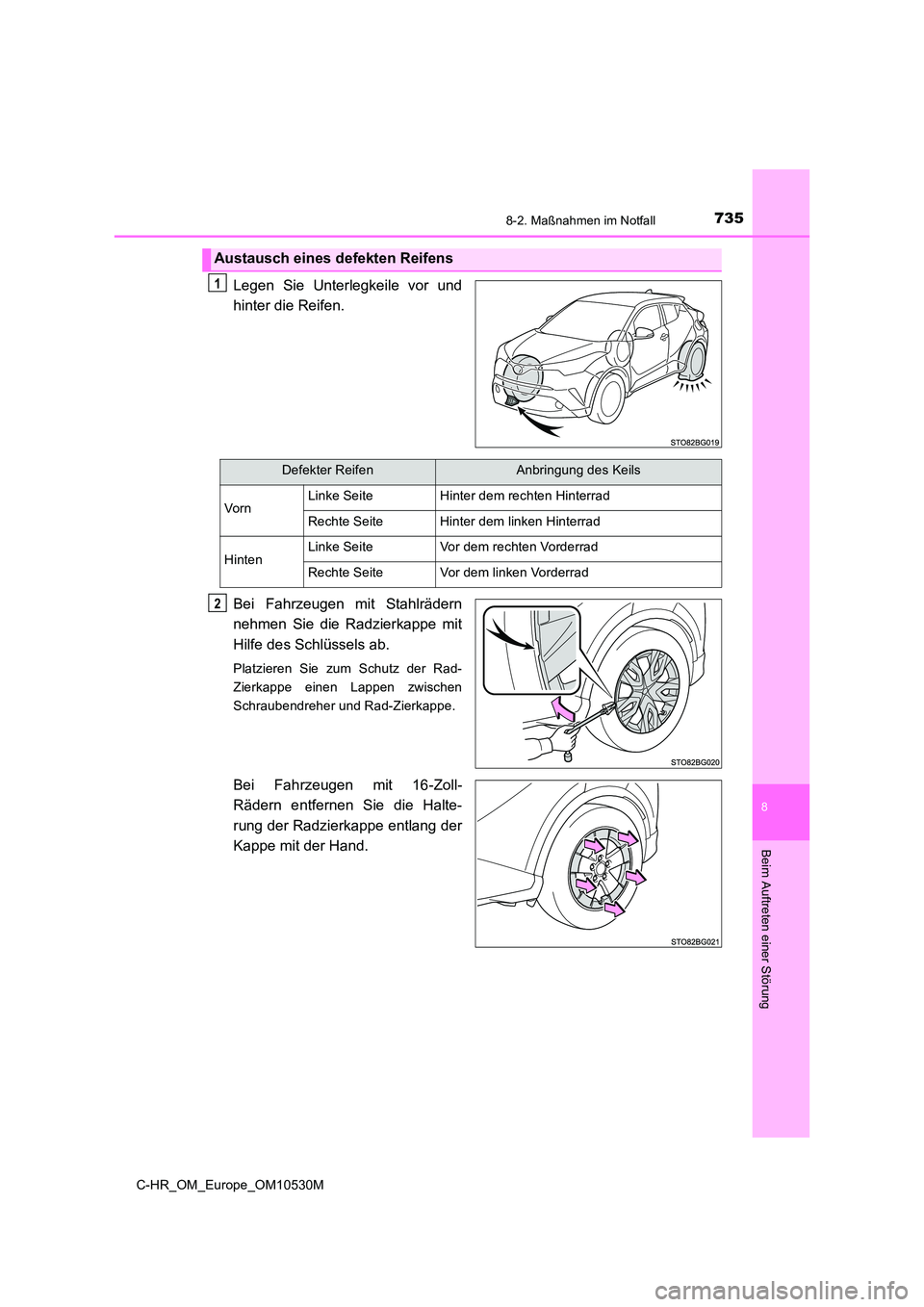TOYOTA C-HR 2017  Betriebsanleitungen (in German) 7358-2. Maßnahmen im Notfall
8
Beim Auftreten einer Störung
C-HR_OM_Europe_OM10530M
Legen Sie Unterlegkeile vor und 
hinter die Reifen. 
Bei Fahrzeugen mit Stahlrädern 
nehmen Sie die Radzierkappe 