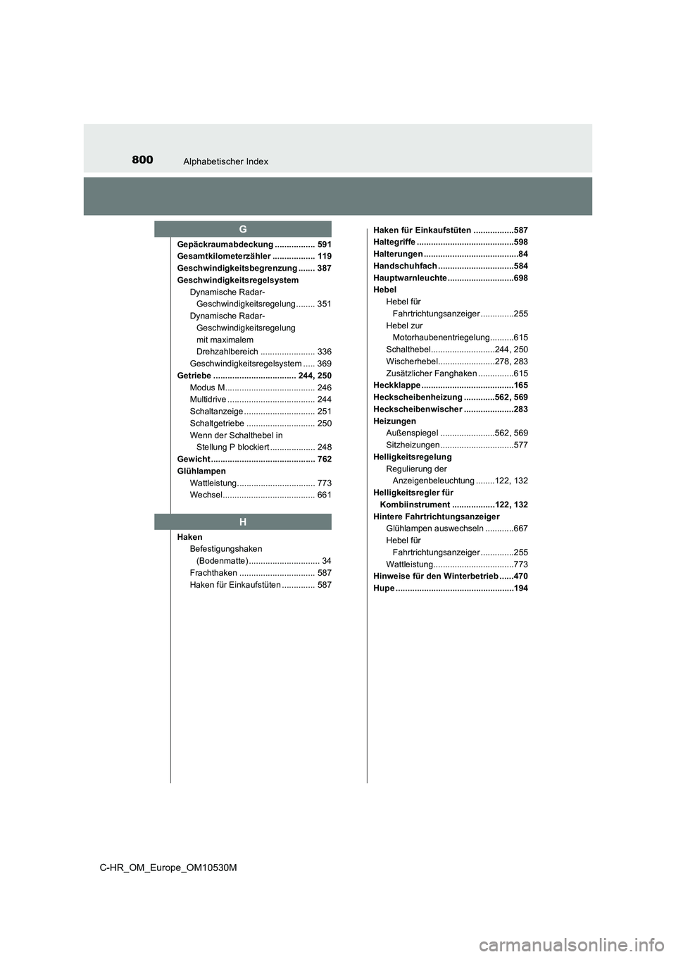 TOYOTA C-HR 2016 Betriebsanleitungen (in German) 800Alphabetischer Index
C-HR_OM_Europe_OM10530M
Gepäckraumabdeckung ................. 591
Gesamtkilometerzähler .................. 119
Geschwindigkeitsbegrenzung ....... 387
Geschwindigkeitsregel TOYOTA C-HR 2016 Betriebsanleitungen (in German) 800Alphabetischer Index
C-HR_OM_Europe_OM10530M
Gepäckraumabdeckung ................. 591
Gesamtkilometerzähler .................. 119
Geschwindigkeitsbegrenzung ....... 387
Geschwindigkeitsregel