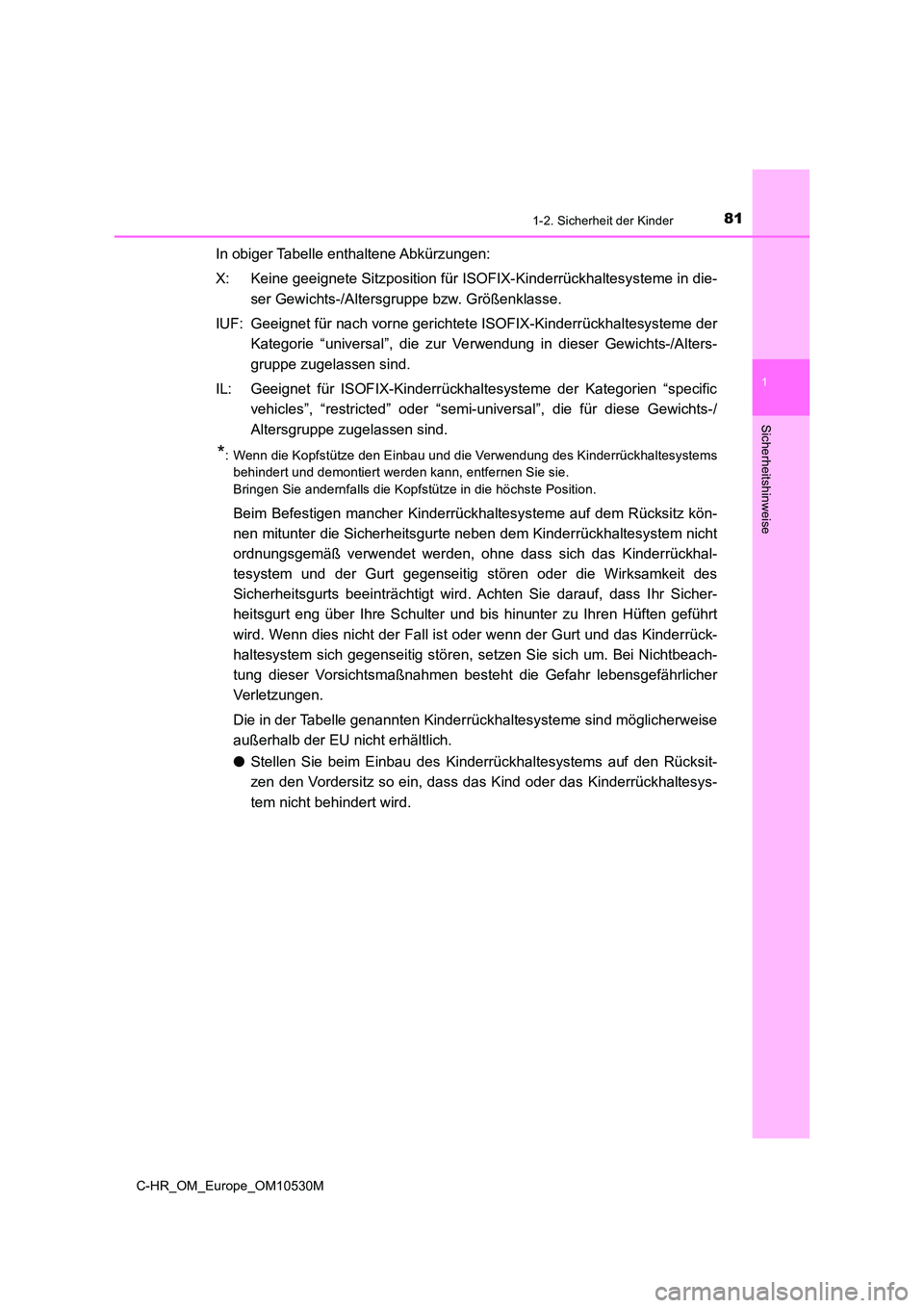 TOYOTA C-HR 2016 Betriebsanleitungen (in German) 811-2. Sicherheit der Kinder
1
Sicherheitshinweise
C-HR_OM_Europe_OM10530M
In obiger Tabelle enthaltene Abkürzungen:
X: Keine geeignete Sitzposition für ISOFIX-Kinderrückhaltesysteme in die-
ser TOYOTA C-HR 2016 Betriebsanleitungen (in German) 811-2. Sicherheit der Kinder
1
Sicherheitshinweise
C-HR_OM_Europe_OM10530M
In obiger Tabelle enthaltene Abkürzungen:
X: Keine geeignete Sitzposition für ISOFIX-Kinderrückhaltesysteme in die-
ser