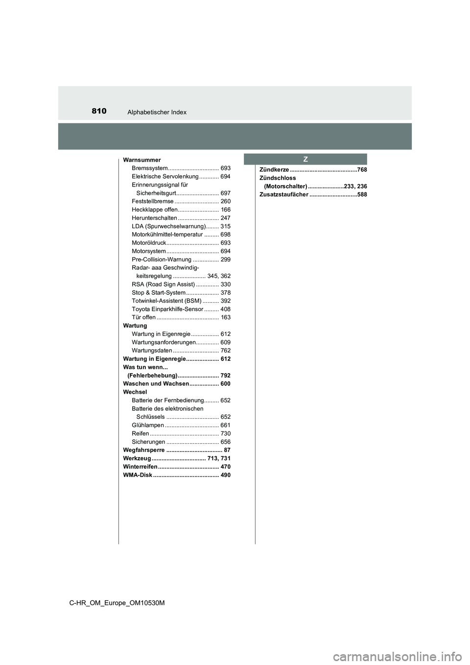 TOYOTA C-HR 2017  Betriebsanleitungen (in German) 810Alphabetischer Index
C-HR_OM_Europe_OM10530M
WarnsummerBremssystem............................... 693
Elektrische Servolenkung ............ 694
Erinnerungssignal für 
Sicherheitsgurt..............