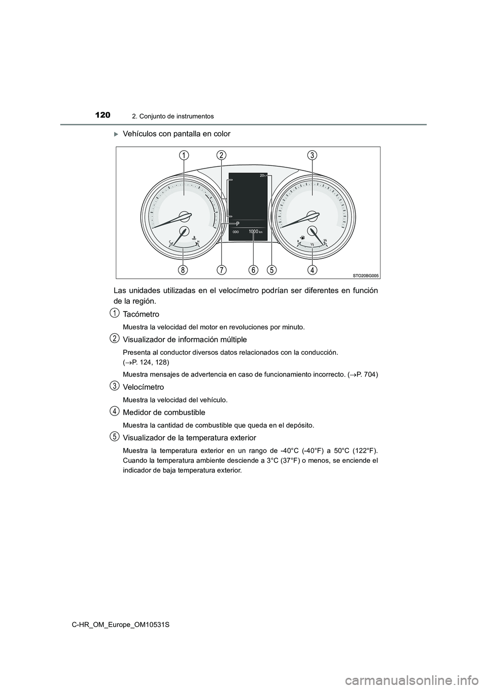 TOYOTA C-HR 2017  Manual del propietario (in Spanish) 1202. Conjunto de instrumentos
C-HR_OM_Europe_OM10531S
Vehículos con pantalla en color 
Las unidades utilizadas en el velocímetro podrían ser diferentes en función 
de la región. 
Ta c ó m e 