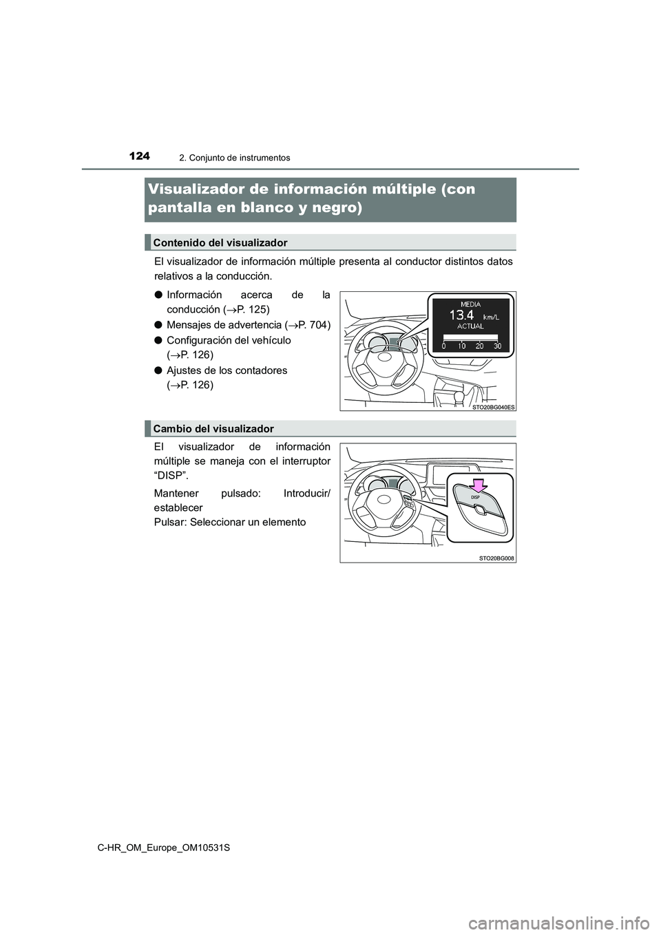 TOYOTA C-HR 2017  Manual del propietario (in Spanish) 1242. Conjunto de instrumentos
C-HR_OM_Europe_OM10531S
Visualizador de información múltiple (con  
pantalla en blanco y negro)
El visualizador de información múltiple presenta al conductor distint