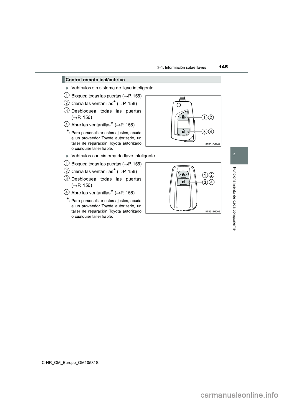 TOYOTA C-HR 2017  Manual del propietario (in Spanish) 1453-1. Información sobre llaves
3
Funcionamiento de cada componente
C-HR_OM_Europe_OM10531S
Vehículos sin sistema de llave inteligente 
Bloquea todas las puertas ( P. 156) 
Cierra las ventani
