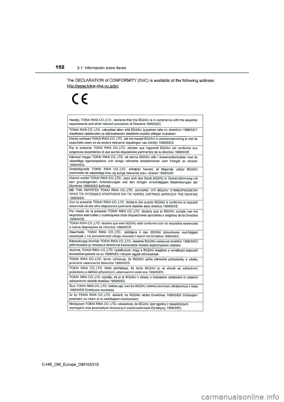 TOYOTA C-HR 2017  Manual del propietario (in Spanish) 1523-1. Información sobre llaves
C-HR_OM_Europe_OM10531S 
