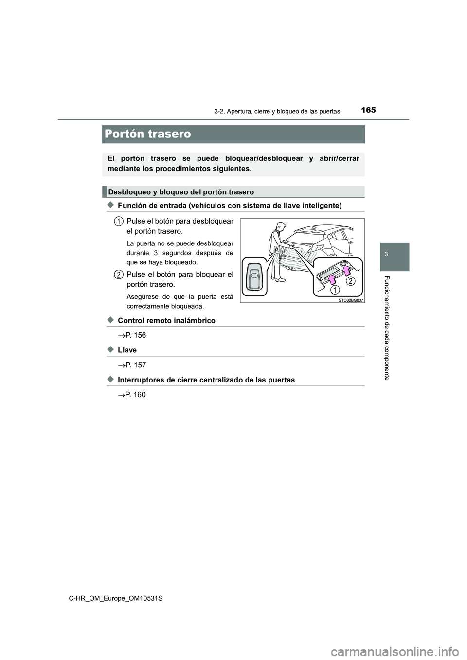 TOYOTA C-HR 2017  Manual del propietario (in Spanish) 165
3
3-2. Apertura, cierre y bloqueo de las puertas
Funcionamiento de cada componente
C-HR_OM_Europe_OM10531S
Portón trasero
◆Función de entrada (vehículos con sistema de llave inteligente) 
Pul