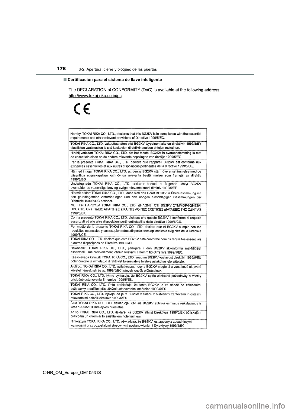 TOYOTA C-HR 2017  Manual del propietario (in Spanish) 1783-2. Apertura, cierre y bloqueo de las puertas
C-HR_OM_Europe_OM10531S 
■ Certificación para el sistema de llave inteligente 