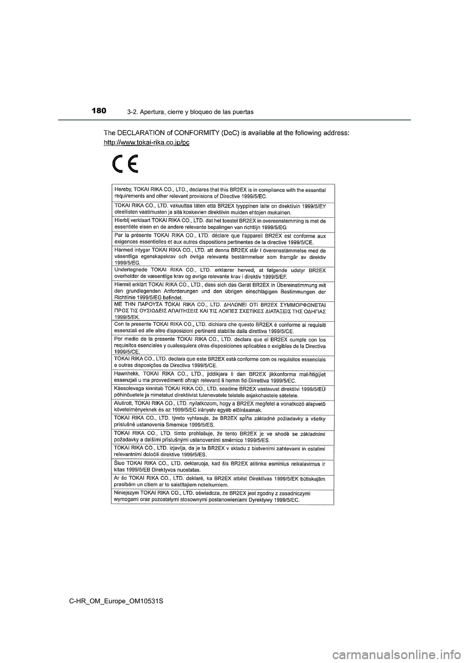 TOYOTA C-HR 2017  Manual del propietario (in Spanish) 1803-2. Apertura, cierre y bloqueo de las puertas
C-HR_OM_Europe_OM10531S 
