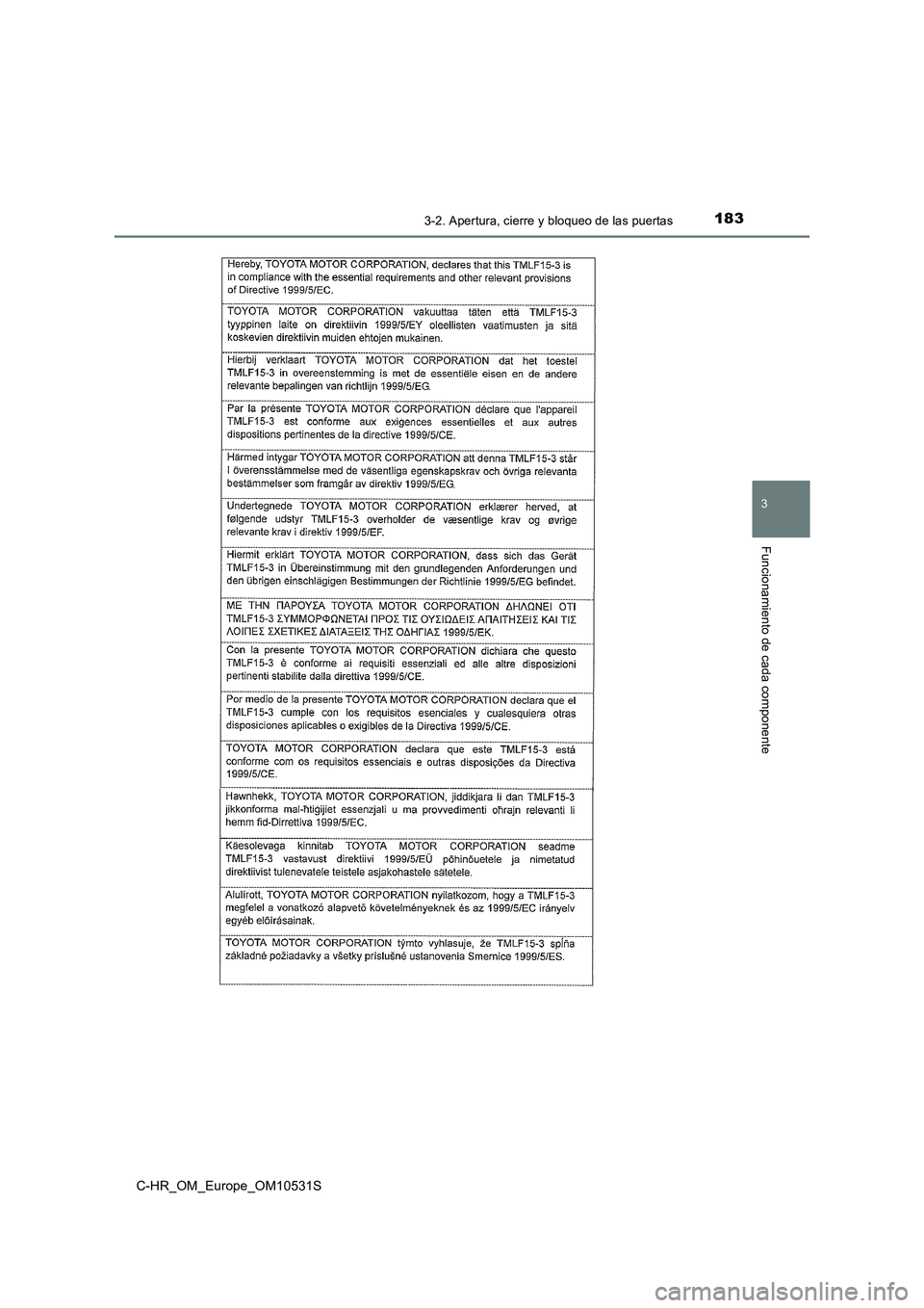 TOYOTA C-HR 2017  Manual del propietario (in Spanish) 1833-2. Apertura, cierre y bloqueo de las puertas
3
Funcionamiento de cada componente
C-HR_OM_Europe_OM10531S 