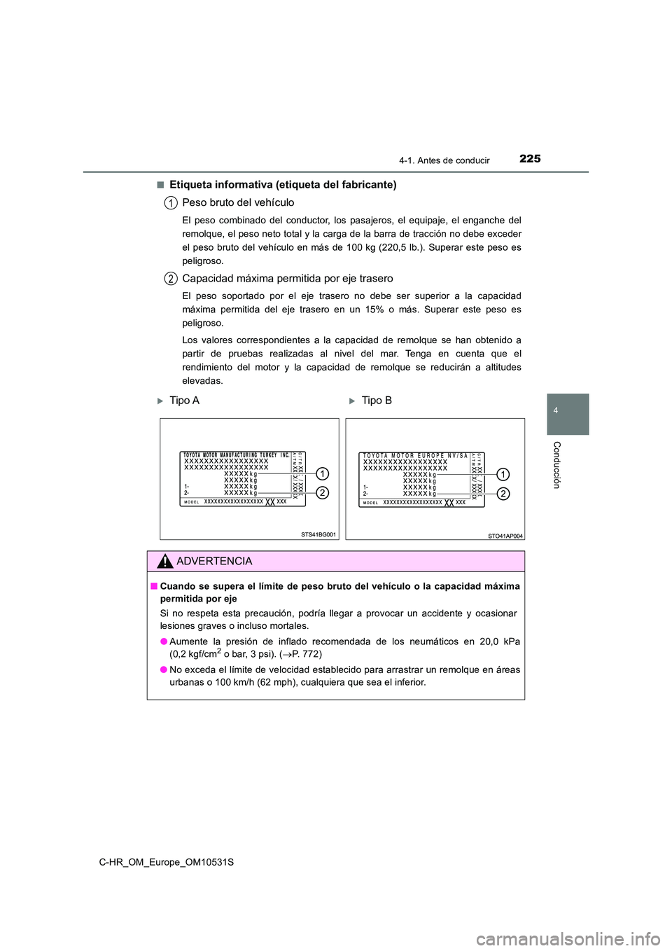 TOYOTA C-HR 2017 Manual del propietario (in Spanish) 2254-1. Antes de conducir
4
Conducción
C-HR_OM_Europe_OM10531S
■Etiqueta informativa (etiqueta del fabricante)
Peso bruto del vehículo
El peso combinado del conductor, los pasajeros, el equipaje TOYOTA C-HR 2017 Manual del propietario (in Spanish) 2254-1. Antes de conducir
4
Conducción
C-HR_OM_Europe_OM10531S
■Etiqueta informativa (etiqueta del fabricante)
Peso bruto del vehículo
El peso combinado del conductor, los pasajeros, el equipaje