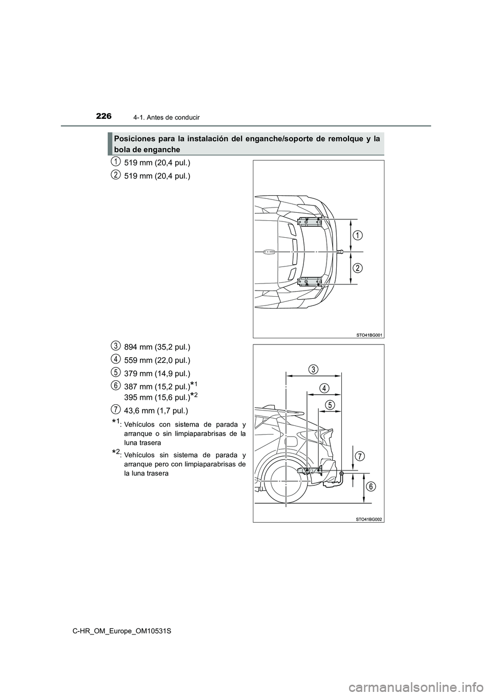 TOYOTA C-HR 2017  Manual del propietario (in Spanish) 2264-1. Antes de conducir
C-HR_OM_Europe_OM10531S
519 mm (20,4 pul.) 
519 mm (20,4 pul.) 
894 mm (35,2 pul.) 
559 mm (22,0 pul.) 
379 mm (14,9 pul.) 
387 mm (15,2 pul.)*1
395 mm (15,6 pul.)*2
43,6 mm 