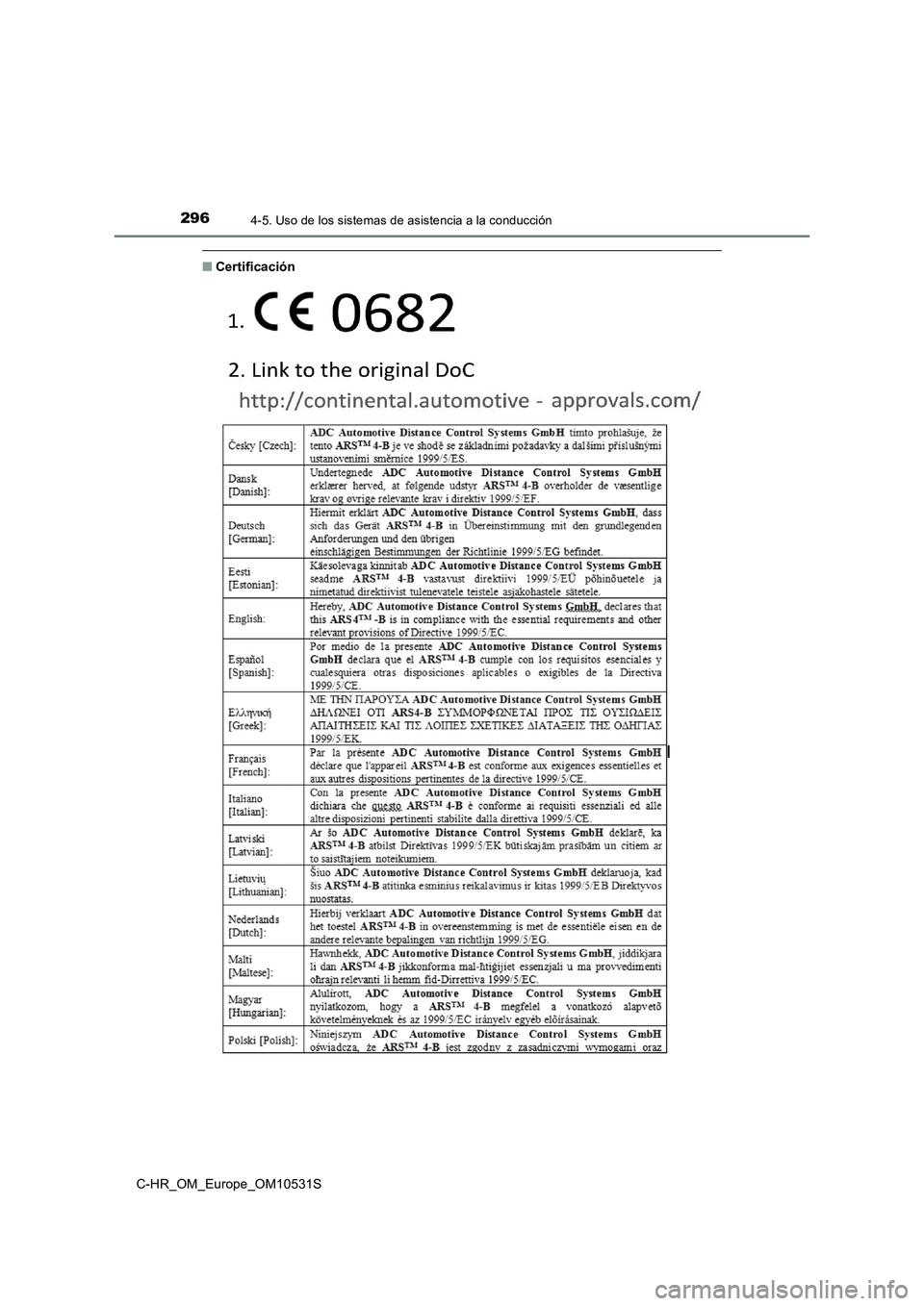 TOYOTA C-HR 2017  Manual del propietario (in Spanish) 2964-5. Uso de los sistemas de asistencia a la conducción
C-HR_OM_Europe_OM10531S
■Certificación 