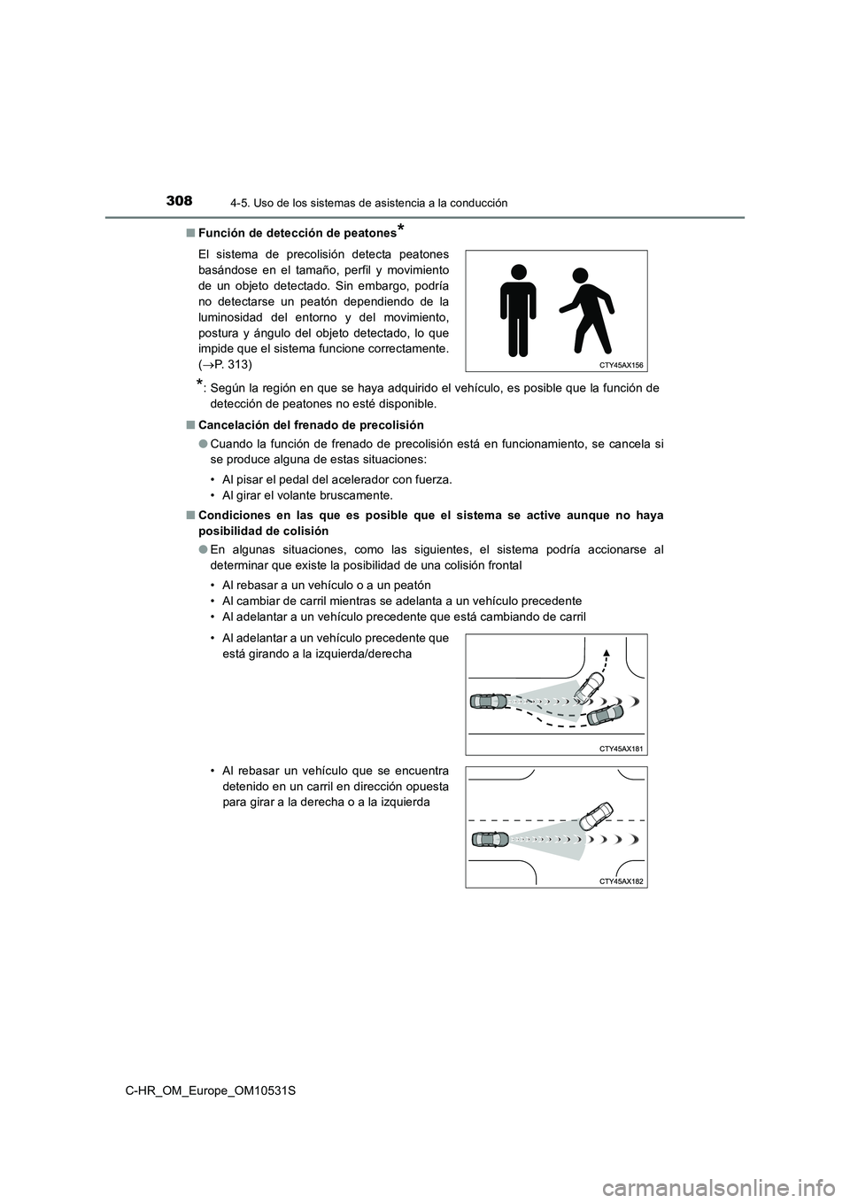 TOYOTA C-HR 2017 Manual del propietario (in Spanish) 3084-5. Uso de los sistemas de asistencia a la conducción
C-HR_OM_Europe_OM10531S
■ Función de detección de peatones*
*: Según la región en que se haya adquirido el vehículo, es posible que TOYOTA C-HR 2017 Manual del propietario (in Spanish) 3084-5. Uso de los sistemas de asistencia a la conducción
C-HR_OM_Europe_OM10531S
■ Función de detección de peatones*
*: Según la región en que se haya adquirido el vehículo, es posible que