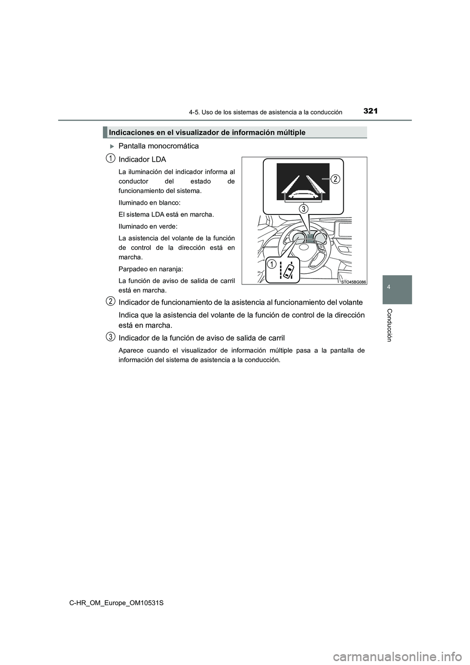 TOYOTA C-HR 2017  Manual del propietario (in Spanish) 3214-5. Uso de los sistemas de asistencia a la conducción
4
Conducción
C-HR_OM_Europe_OM10531S
Pantalla monocromática 
Indicador LDA
La iluminación del indicador informa al 
conductor del estad