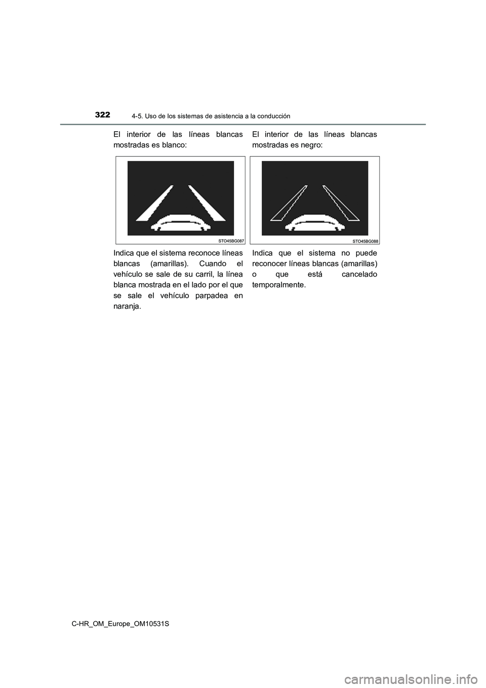 TOYOTA C-HR 2017  Manual del propietario (in Spanish) 3224-5. Uso de los sistemas de asistencia a la conducción
C-HR_OM_Europe_OM10531S
El interior de las líneas blancas 
mostradas es blanco: 
El interior de las líneas blancas 
mostradas es negro: 
In