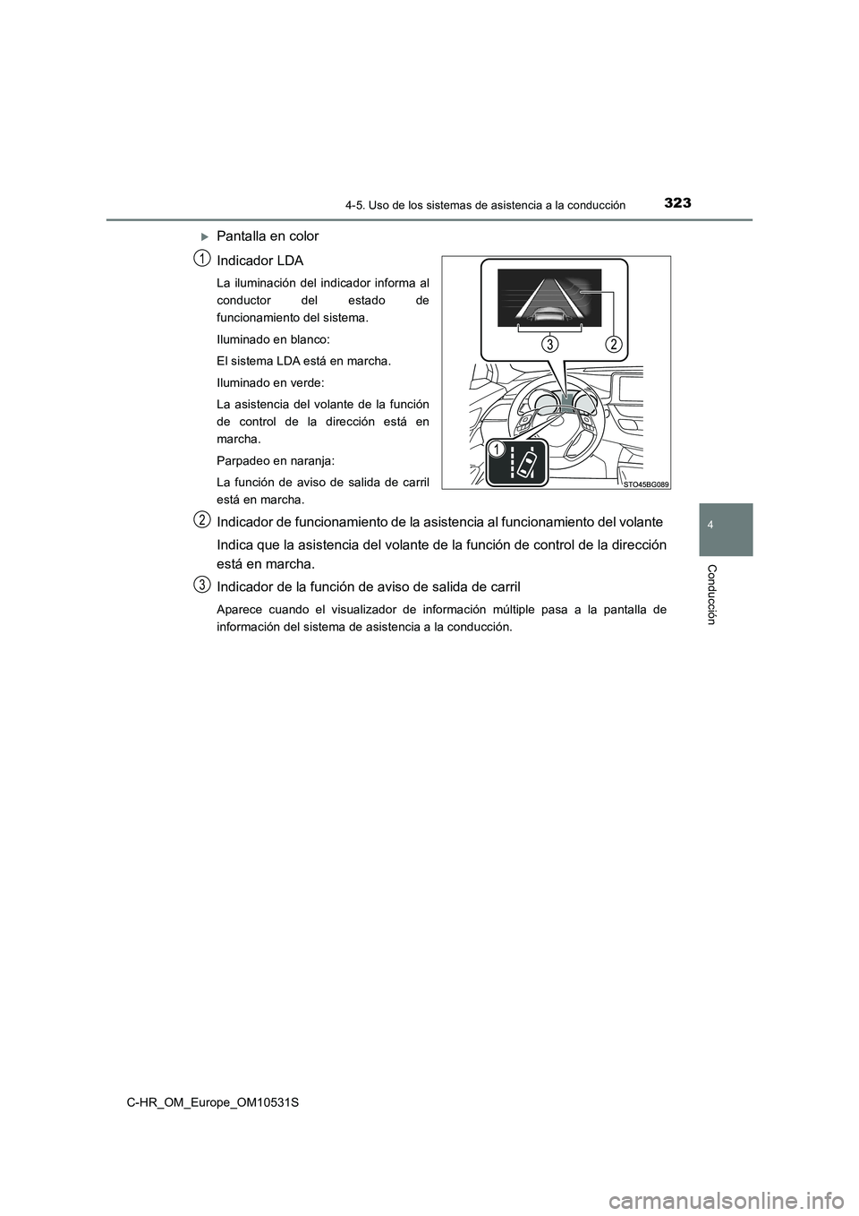 TOYOTA C-HR 2017  Manual del propietario (in Spanish) 3234-5. Uso de los sistemas de asistencia a la conducción
4
Conducción
C-HR_OM_Europe_OM10531S
Pantalla en color 
Indicador LDA
La iluminación del indicador informa al 
conductor del estado de
f