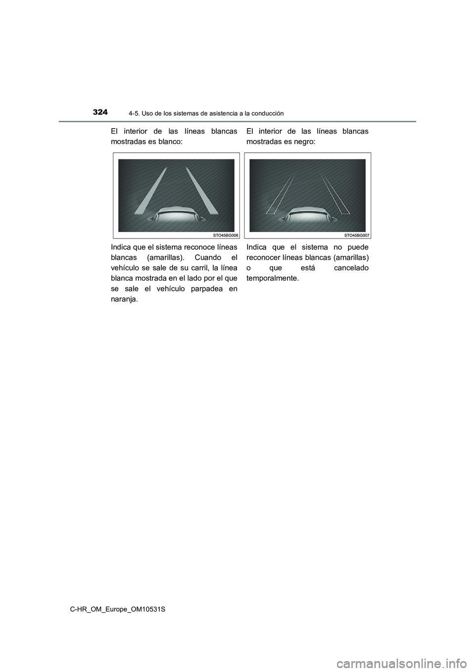 TOYOTA C-HR 2017  Manual del propietario (in Spanish) 3244-5. Uso de los sistemas de asistencia a la conducción
C-HR_OM_Europe_OM10531S
El interior de las líneas blancas 
mostradas es blanco: 
El interior de las líneas blancas 
mostradas es negro: 
In
