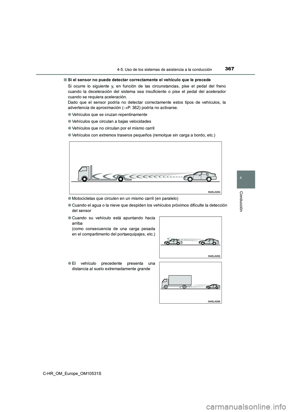 TOYOTA C-HR 2017 Manual del propietario (in Spanish) 3674-5. Uso de los sistemas de asistencia a la conducción
4
Conducción
C-HR_OM_Europe_OM10531S
■ Si el sensor no puede detectar correctamente el vehículo que le precede
Si ocurre lo siguiente y TOYOTA C-HR 2017 Manual del propietario (in Spanish) 3674-5. Uso de los sistemas de asistencia a la conducción
4
Conducción
C-HR_OM_Europe_OM10531S
■ Si el sensor no puede detectar correctamente el vehículo que le precede
Si ocurre lo siguiente y