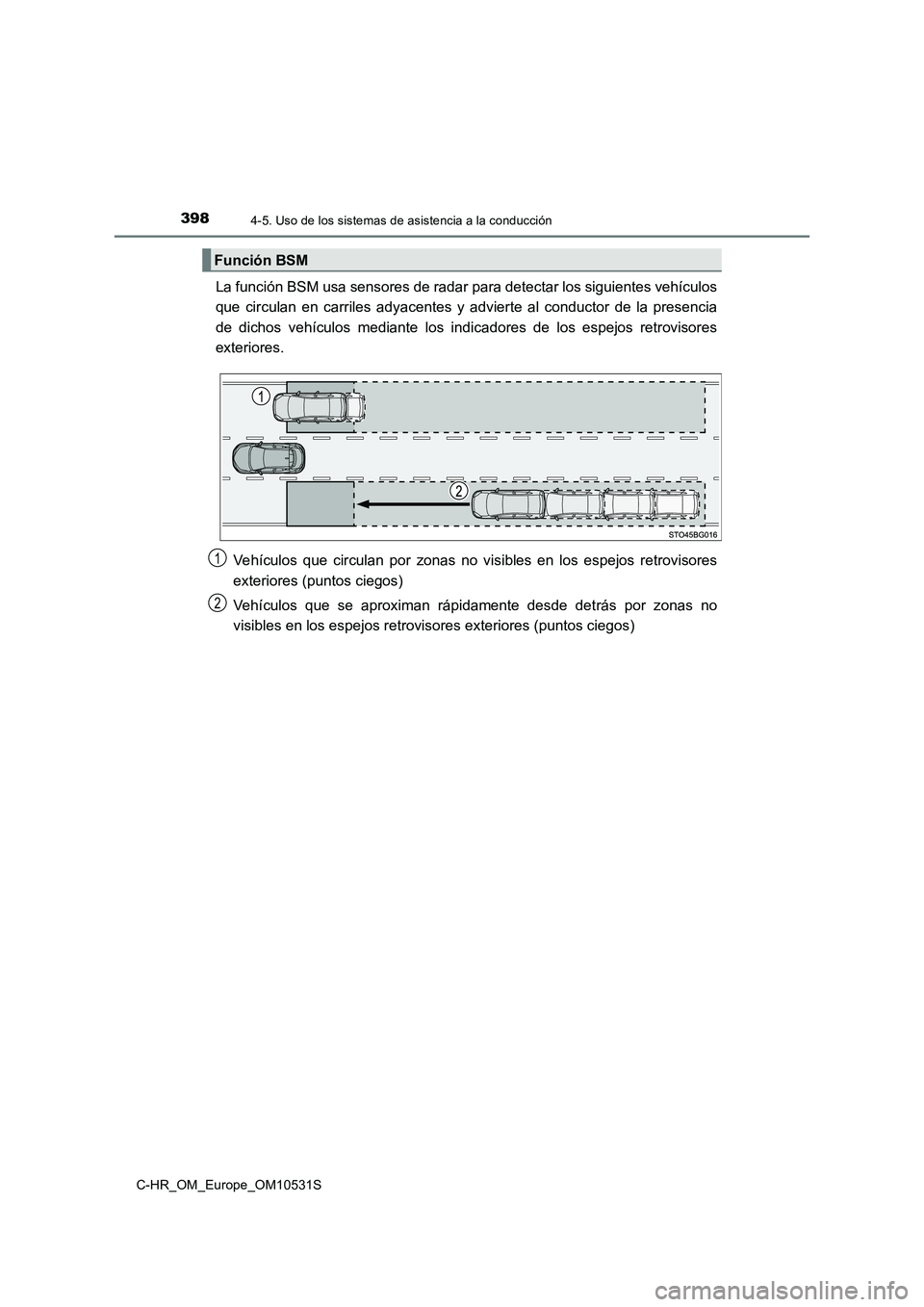 TOYOTA C-HR 2017  Manual del propietario (in Spanish) 3984-5. Uso de los sistemas de asistencia a la conducción
C-HR_OM_Europe_OM10531S
La función BSM usa sensores de radar para detectar los siguientes vehículos 
que circulan en carriles adyacentes y 