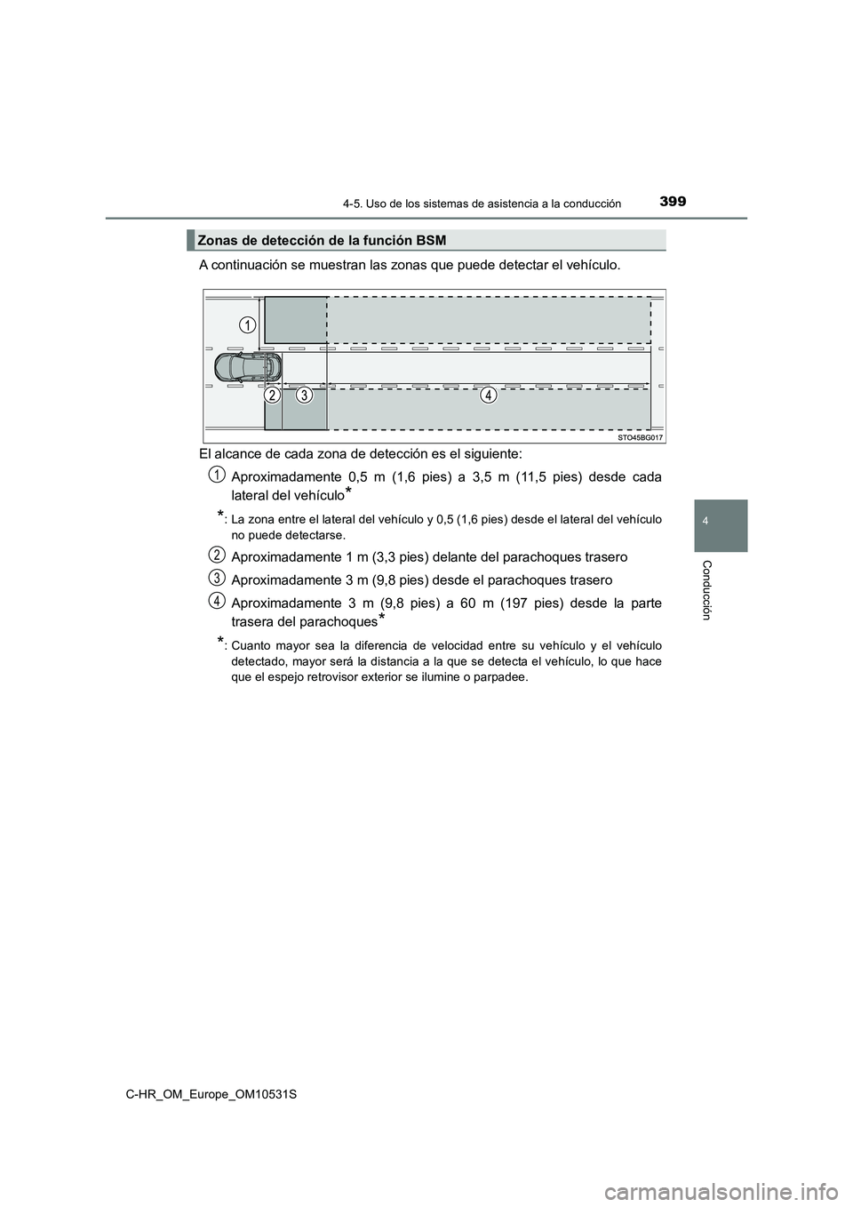 TOYOTA C-HR 2017  Manual del propietario (in Spanish) 3994-5. Uso de los sistemas de asistencia a la conducción
4
Conducción
C-HR_OM_Europe_OM10531S
A continuación se muestran las zonas que puede detectar el vehículo. 
El alcance de cada zona de dete