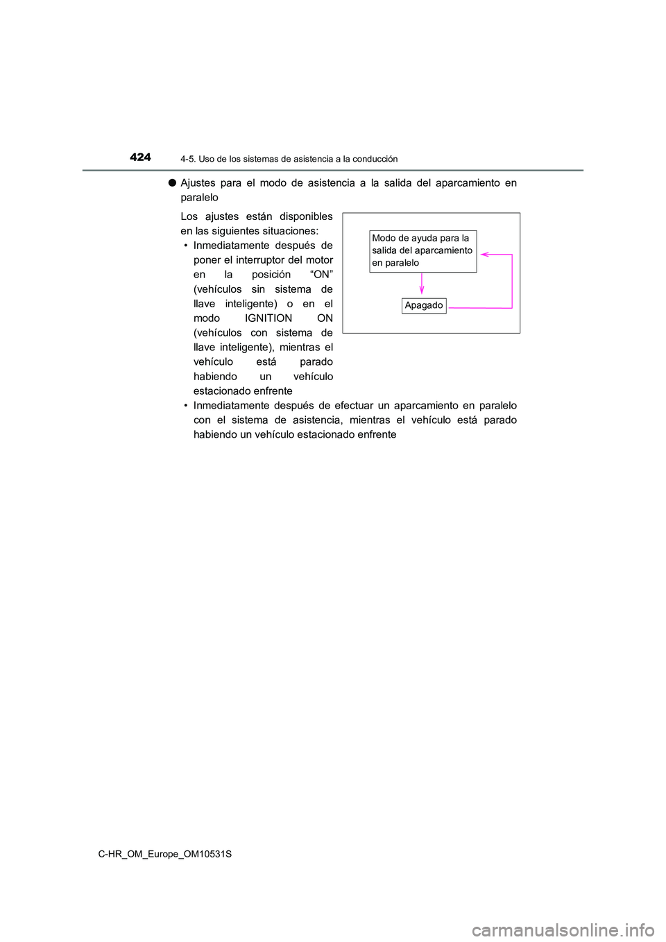 TOYOTA C-HR 2017  Manual del propietario (in Spanish) 4244-5. Uso de los sistemas de asistencia a la conducción
C-HR_OM_Europe_OM10531S
●Ajustes para el modo de asistencia a la salida del aparcamiento en 
paralelo 
Los ajustes están disponibles 
en l