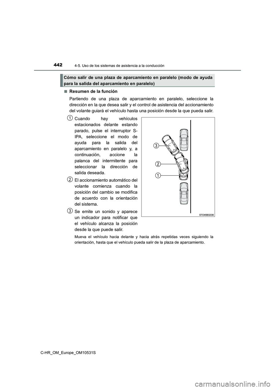TOYOTA C-HR 2017 Manual del propietario (in Spanish) 4424-5. Uso de los sistemas de asistencia a la conducción
C-HR_OM_Europe_OM10531S
■Resumen de la función
Partiendo de una plaza de aparcamiento en paralelo, seleccione la
dirección en la que d TOYOTA C-HR 2017 Manual del propietario (in Spanish) 4424-5. Uso de los sistemas de asistencia a la conducción
C-HR_OM_Europe_OM10531S
■Resumen de la función
Partiendo de una plaza de aparcamiento en paralelo, seleccione la
dirección en la que d