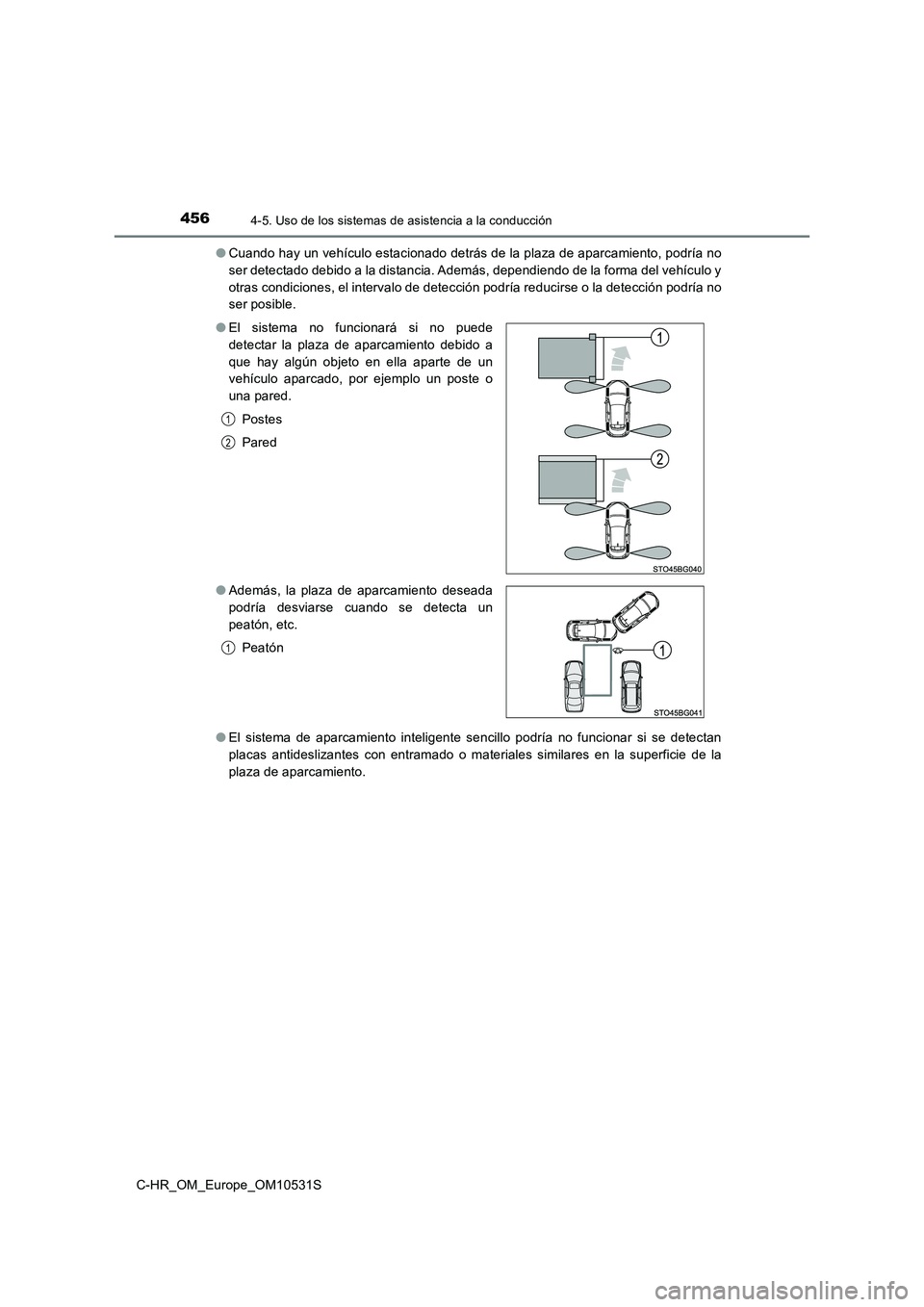 TOYOTA C-HR 2017  Manual del propietario (in Spanish) 4564-5. Uso de los sistemas de asistencia a la conducción
C-HR_OM_Europe_OM10531S 
● Cuando hay un vehículo estacionado detrás de la plaza de aparcamiento, podría no 
ser detectado debido a la d