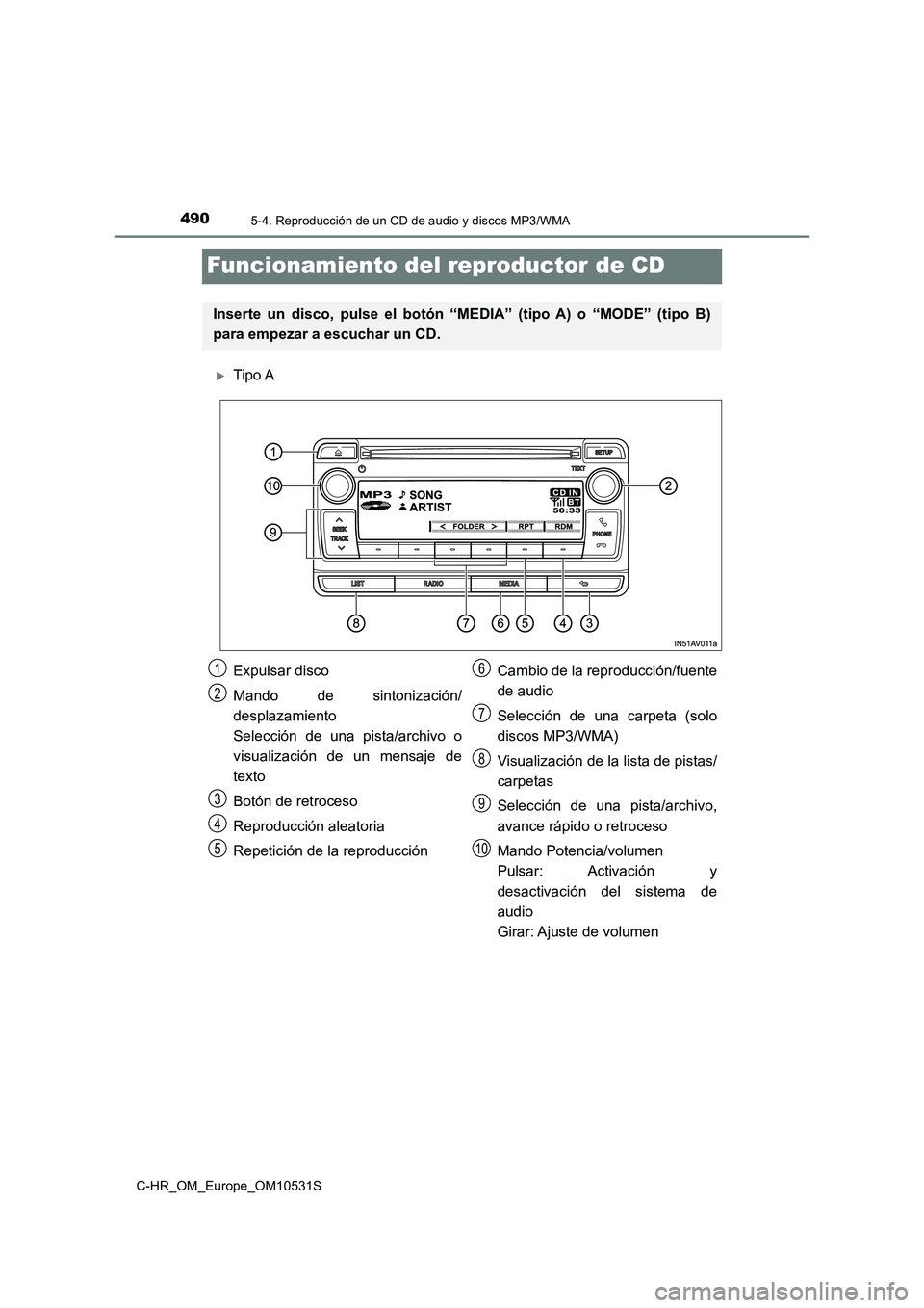 TOYOTA C-HR 2017  Manual del propietario (in Spanish) 4905-4. Reproducción de un CD de audio y discos MP3/WMA
C-HR_OM_Europe_OM10531S
Funcionamiento del reproductor de CD
Tipo A
Inserte un disco, pulse el botón “MEDIA” (tipo A) o “MODE” (tip
