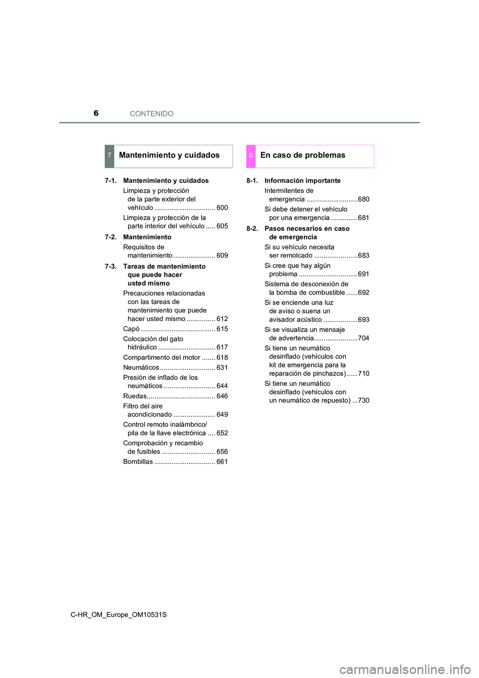 TOYOTA C-HR 2017  Manual del propietario (in Spanish) CONTENIDO6
C-HR_OM_Europe_OM10531S 
7-1. Mantenimiento y cuidados 
Limpieza y protección  
de la parte exterior del  
vehículo ................................ 600 
Limpieza y protección de la  
pa
