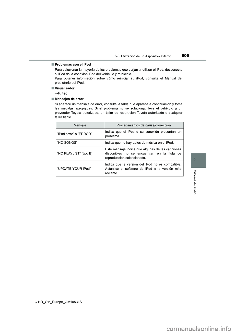 TOYOTA C-HR 2017 Manual del propietario (in Spanish) 5095-5. Utilización de un dispositivo externo
5
Sistema de audio
C-HR_OM_Europe_OM10531S
■ Problemas con el iPod
Para solucionar la mayoría de los problemas que surjan al utilizar el iPod, desco TOYOTA C-HR 2017 Manual del propietario (in Spanish) 5095-5. Utilización de un dispositivo externo
5
Sistema de audio
C-HR_OM_Europe_OM10531S
■ Problemas con el iPod
Para solucionar la mayoría de los problemas que surjan al utilizar el iPod, desco