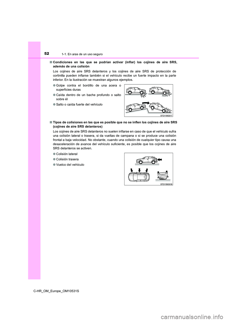 TOYOTA C-HR 2017 Manual del propietario (in Spanish) 521-1. En aras de un uso seguro
C-HR_OM_Europe_OM10531S
■ Condiciones en las que se podrían activar (inflar) los cojines de aire SRS,
además de una colisión
Los cojines de aire SRS delanteros TOYOTA C-HR 2017 Manual del propietario (in Spanish) 521-1. En aras de un uso seguro
C-HR_OM_Europe_OM10531S
■ Condiciones en las que se podrían activar (inflar) los cojines de aire SRS,
además de una colisión
Los cojines de aire SRS delanteros