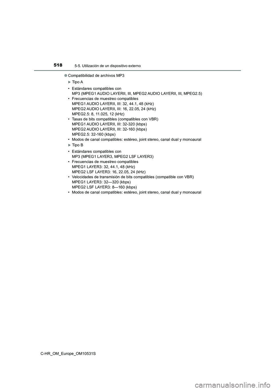 TOYOTA C-HR 2017  Manual del propietario (in Spanish) 5185-5. Utilización de un dispositivo externo
C-HR_OM_Europe_OM10531S 
● Compatibilidad de archivos MP3
Tipo  A 
• Estándares compatibles con 
MP3 (MPEG1 AUDIO LAYERII, III, MPEG2 AUDIO LAYER