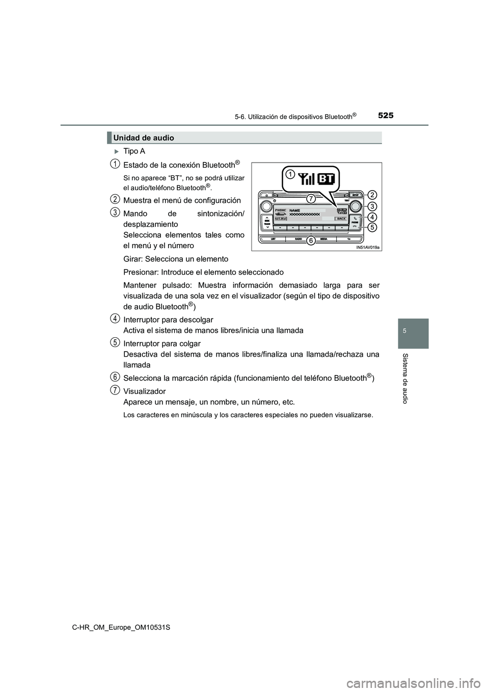 TOYOTA C-HR 2017 Manual del propietario (in Spanish) 5255-6. Utilización de dispositivos Bluetooth®
5
Sistema de audio
C-HR_OM_Europe_OM10531S
Tipo A
Estado de la conexión Bluetooth®
Si no aparece “BT”, no se podrá utilizar
el audio/teléf TOYOTA C-HR 2017 Manual del propietario (in Spanish) 5255-6. Utilización de dispositivos Bluetooth®
5
Sistema de audio
C-HR_OM_Europe_OM10531S
Tipo A
Estado de la conexión Bluetooth®
Si no aparece “BT”, no se podrá utilizar
el audio/teléf