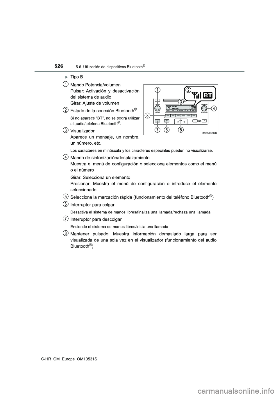 TOYOTA C-HR 2017 Manual del propietario (in Spanish) 5265-6. Utilización de dispositivos Bluetooth®
C-HR_OM_Europe_OM10531S
Tipo B
Mando Potencia/volumen
Pulsar: Activación y desactivación
del sistema de audio
Girar: Ajuste de volumen
Est TOYOTA C-HR 2017 Manual del propietario (in Spanish) 5265-6. Utilización de dispositivos Bluetooth®
C-HR_OM_Europe_OM10531S
Tipo B
Mando Potencia/volumen
Pulsar: Activación y desactivación
del sistema de audio
Girar: Ajuste de volumen
Est