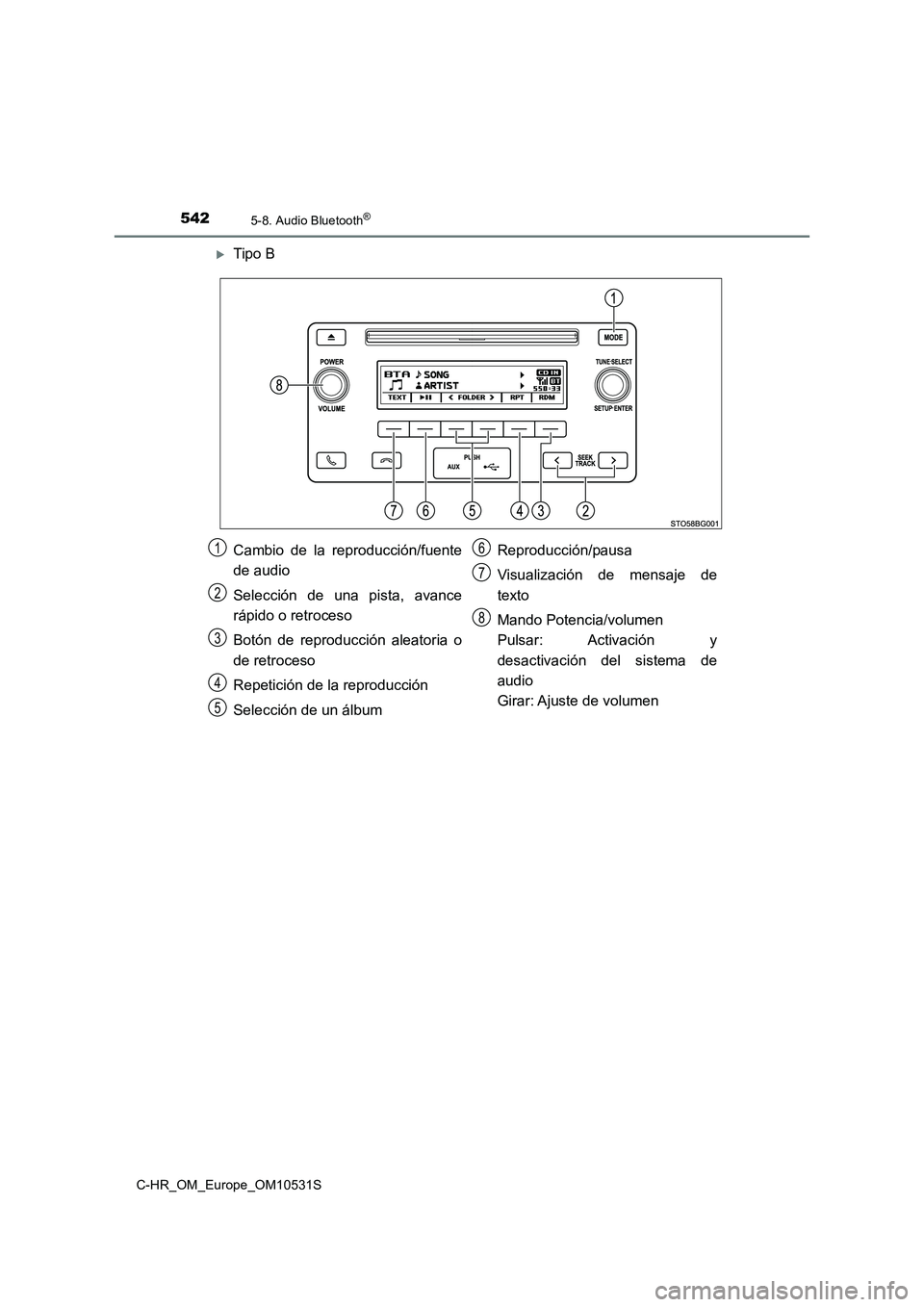 TOYOTA C-HR 2017  Manual del propietario (in Spanish) 5425-8. Audio Bluetooth®
C-HR_OM_Europe_OM10531S
Tipo B 
Cambio de la reproducción/fuente 
de audio 
Selección de una pista, avance 
rápido o retroceso 
Botón de reproducción aleatoria o 
de 