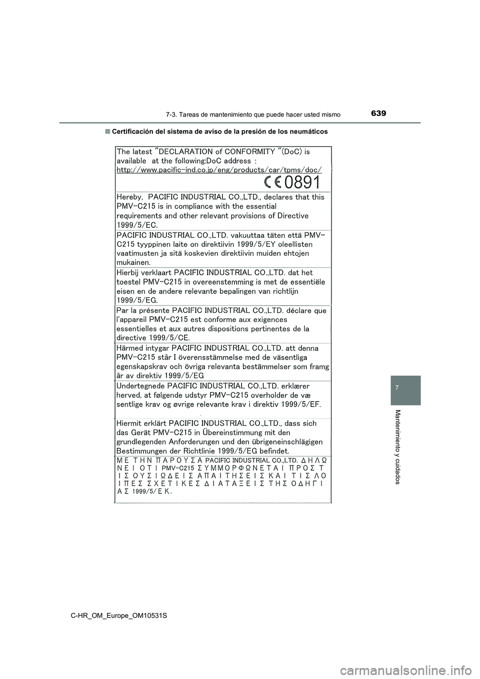 TOYOTA C-HR 2017  Manual del propietario (in Spanish) 6397-3. Tareas de mantenimiento que puede hacer usted mismo
7
Mantenimiento y cuidados
C-HR_OM_Europe_OM10531S 
■ Certificación del sistema de aviso de la presión de los neumáticos 