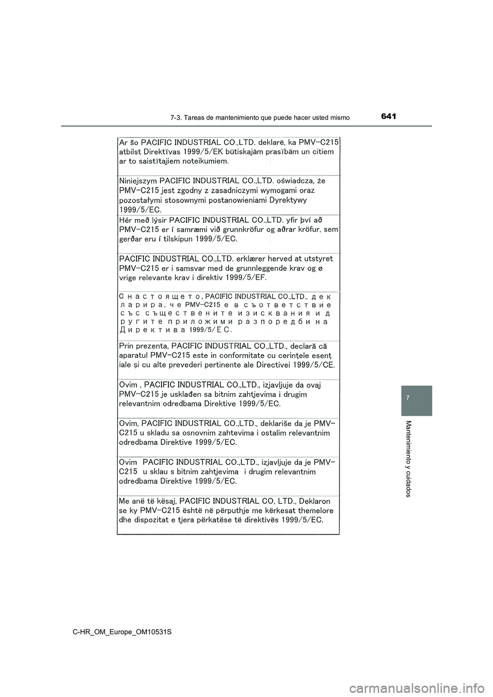 TOYOTA C-HR 2017  Manual del propietario (in Spanish) 6417-3. Tareas de mantenimiento que puede hacer usted mismo
7
Mantenimiento y cuidados
C-HR_OM_Europe_OM10531S 