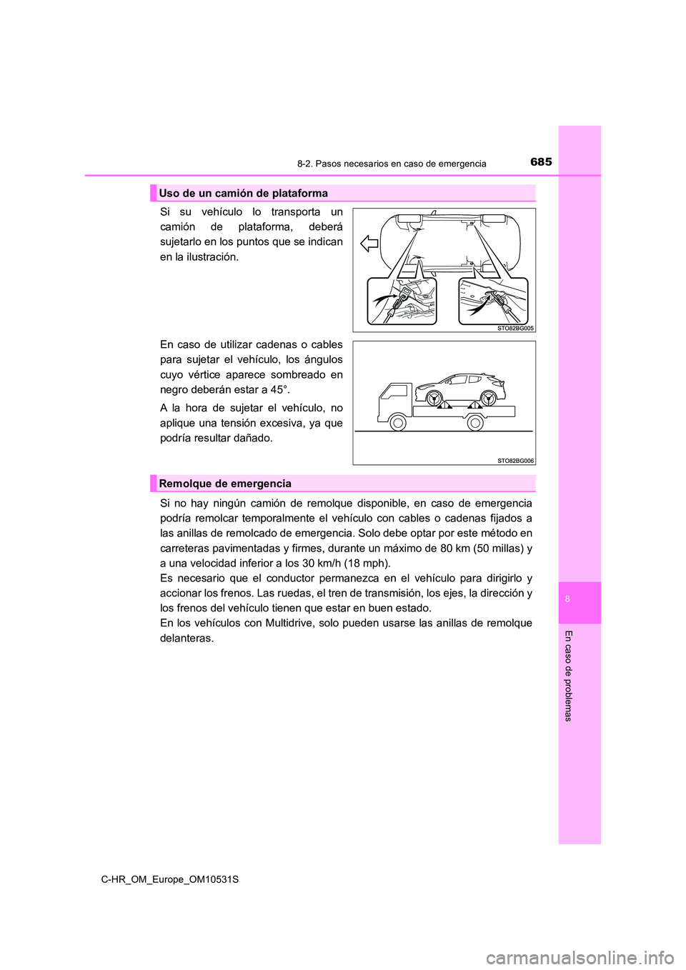 TOYOTA C-HR 2017  Manual del propietario (in Spanish) 6858-2. Pasos necesarios en caso de emergencia
8
En caso de problemas
C-HR_OM_Europe_OM10531S
Si su vehículo lo transporta un 
camión de plataforma, deberá
sujetarlo en los puntos que se indican 
e