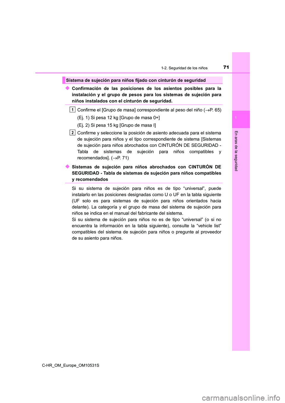 TOYOTA C-HR 2017 Manual del propietario (in Spanish) 711-2. Seguridad de los niños
1
En aras de la seguridad
C-HR_OM_Europe_OM10531S
◆Confirmación de las posiciones de los asientos posibles para la
instalación y el grupo de pesos para los sistemas TOYOTA C-HR 2017 Manual del propietario (in Spanish) 711-2. Seguridad de los niños
1
En aras de la seguridad
C-HR_OM_Europe_OM10531S
◆Confirmación de las posiciones de los asientos posibles para la
instalación y el grupo de pesos para los sistemas