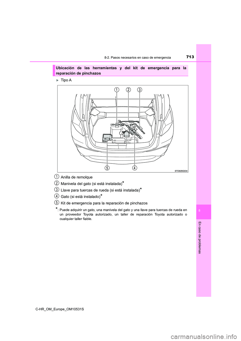 TOYOTA C-HR 2017  Manual del propietario (in Spanish) 7138-2. Pasos necesarios en caso de emergencia
8
En caso de problemas
C-HR_OM_Europe_OM10531S
Tipo A 
Anilla de remolque 
Manivela del gato (si está instalada)*
Llave para tuercas de rueda (si est